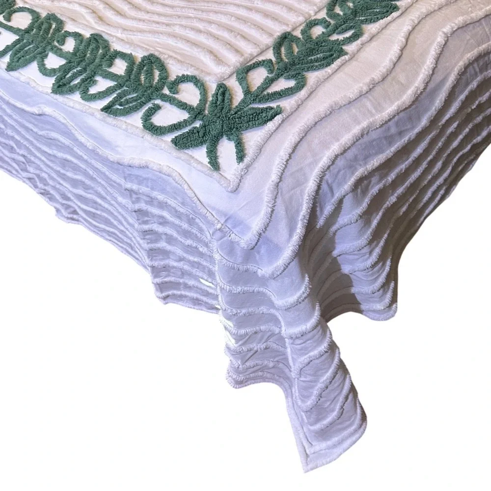 Vintage Fruit of the Loom Chenille Bedspread White Green Leaf Border 102x88 MCM
